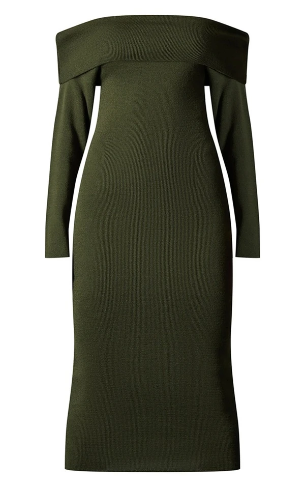 Robe Mi-longue Kaki En Maille Tricot à Col Bardot 5 Robe Mi-longue Kaki En Maille Tricot à Col Bardot – Image 5