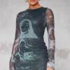 Robe Moulante En Mesh à Imprimé Visage Gris Anthracite Et Manches Longues