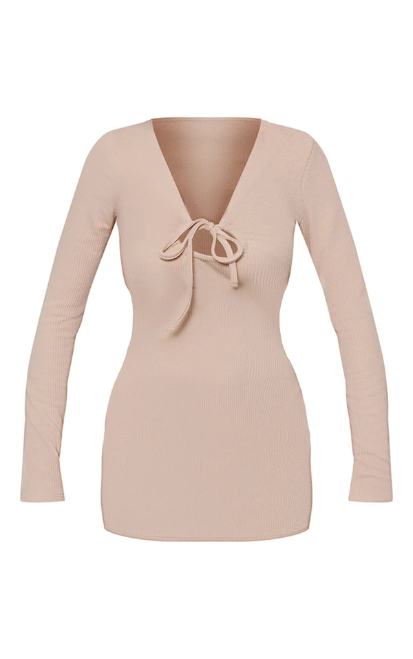 Robe Moulante Texturée Froncée Gris Pierre à Manches Longues Et Liens Noués 5 Robe Moulante Texturée Froncée Gris Pierre à Manches Longues Et Liens Noués – Image 5