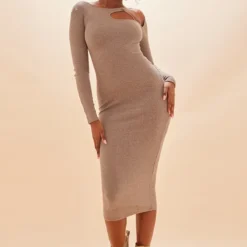 Robe Mi-longue Côtelée Sauge Kaki à Lanière Et épaule Dénudée