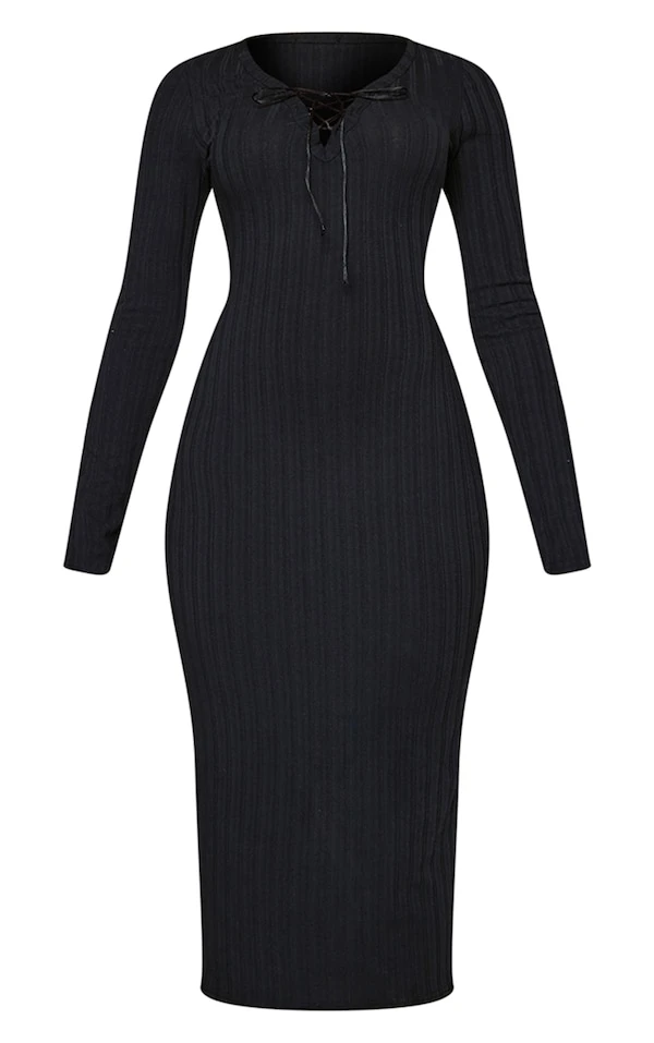 Robe Longue Côtelée Noire à Détail Lacé 5 Robe Longue Côtelée Noire à Détail Lacé – Image 5