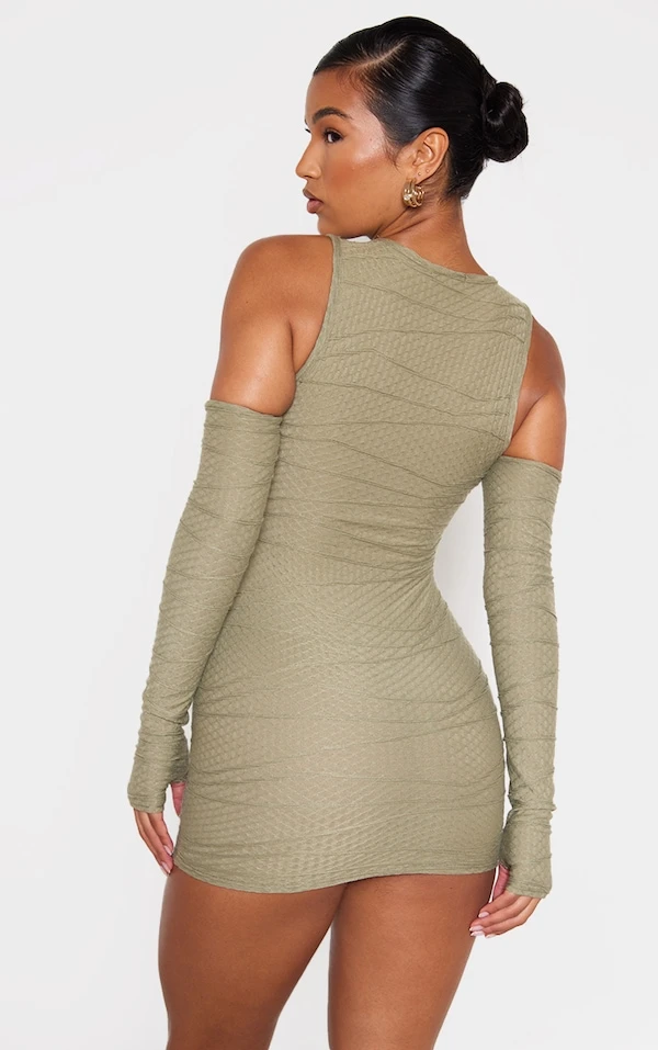 Robe Moulante Texturée Vert Sauge Kaki à épaules Dénudées Détail Manches 2 Robe Moulante Texturée Vert Sauge Kaki à épaules Dénudées Détail Manches – Image 2