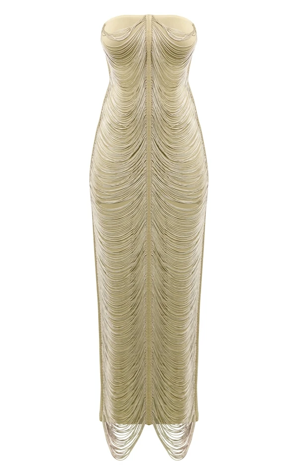 Robe-bustier Longue Drapée Sauge à Franges 5 Robe-bustier Longue Drapée Sauge à Franges – Image 5