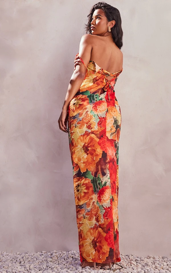 Robe Longue Lacée Dans Le Dos Orange Fleurie En Mousseline De Soie Transparente 2 Robe Longue Lacée Dans Le Dos Orange Fleurie En Mousseline De Soie Transparente – Image 2