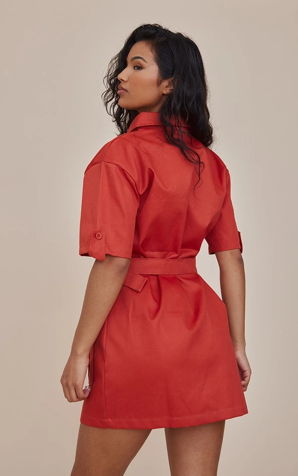 Robe Chemise Cargo Rouille Ceinturée à Manches 2 Robe Chemise Cargo Rouille Ceinturée à Manches – Image 2