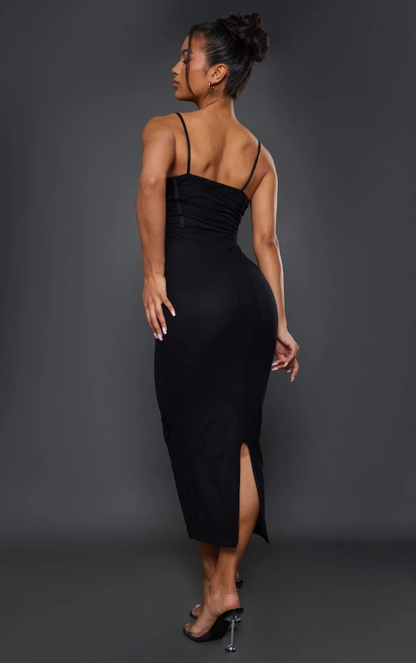 Robe Longue En Mesh Froncé Noir à Barre En V Et Bretelles 2 Robe Longue En Mesh Froncé Noir à Barre En V Et Bretelles – Image 2