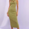 Robe Longue Sans Manches En Maille Tricot Vert Sauge à Devant Torsadé