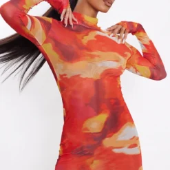 Robe Moulante En Mesh Rouge Imprimé Abstrait à Manches Longues -Jupe Lumine Soldes Boutique 1c784c746458fabac8daf481293bc2cec8a7e803 cne1829 4