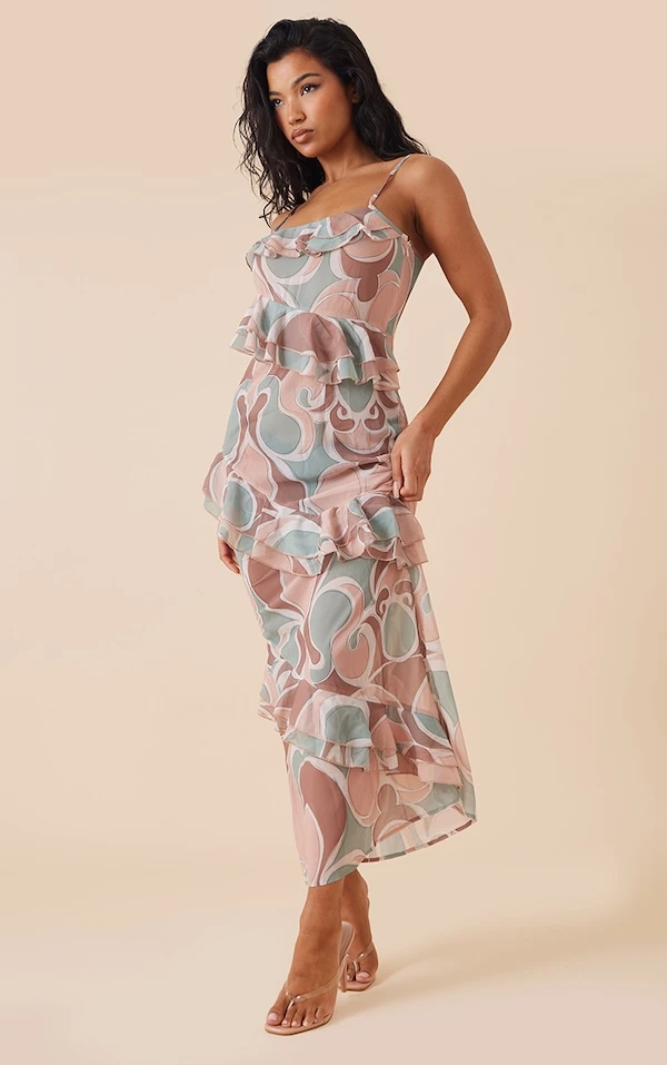 Robe Longue En Mousseline De Soie Multi à Imprimé Abstrait Et Volants 3 Robe Longue En Mousseline De Soie Multi à Imprimé Abstrait Et Volants – Image 3