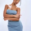 Robe Bustier Bleu Ardoise En Maille Tricot Côtelée