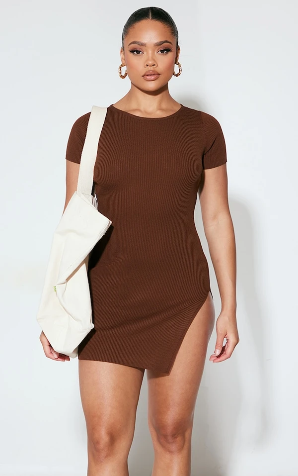 Robe Fendue Moulante En Maille Tricot Côtelée Chocolat 1 Robe Fendue Moulante En Maille Tricot Côtelée Chocolat