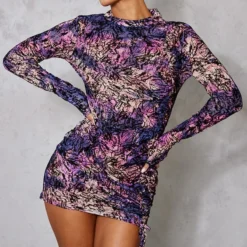 Robe Moulante En Mesh Floqué Multicolore à Détail Froncé Et Manches Longues