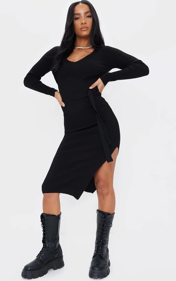 Robe Mi-longue Fendue Noire à Manches Longues Et Ceinture 3 Robe Mi-longue Fendue Noire à Manches Longues Et Ceinture – Image 3