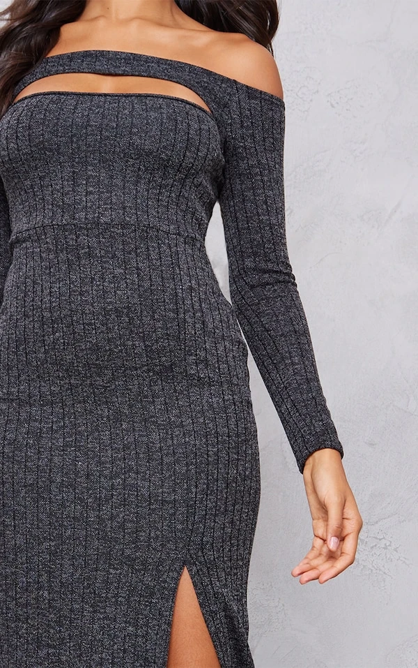 Robe Longue Côtelée Chinée Gris Anthracite à Découpes Et Manches Longues 4 Robe Longue Côtelée Chinée Gris Anthracite à Découpes Et Manches Longues – Image 4