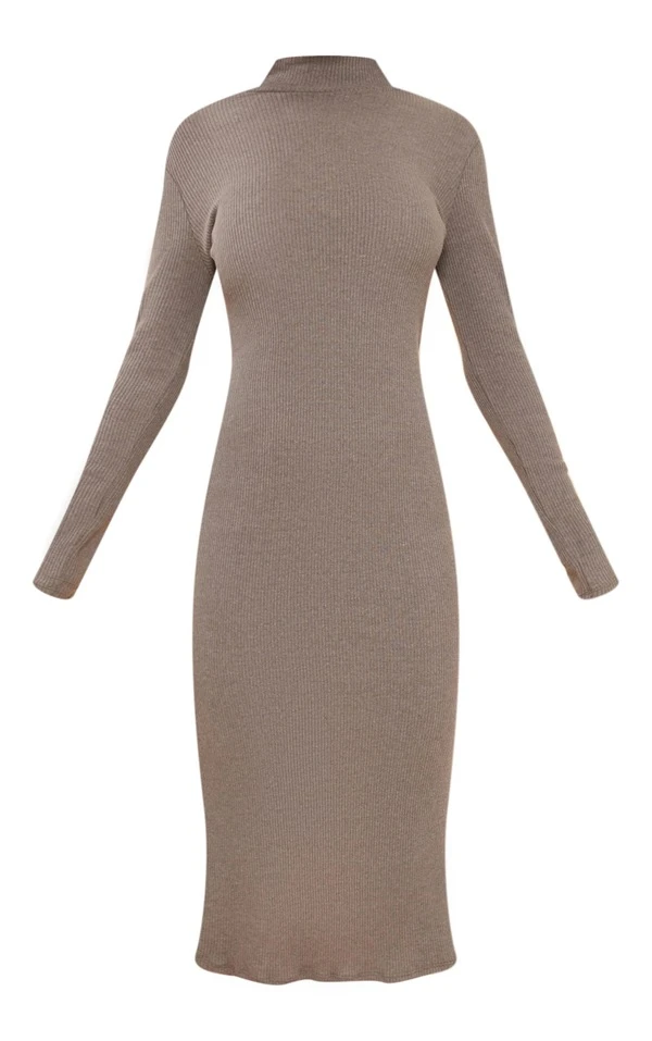 Robe Mi-longue Côtelée Vert Sauge Kaki à Col Haut Et Manches Longues 5 Robe Mi-longue Côtelée Vert Sauge Kaki à Col Haut Et Manches Longues – Image 5