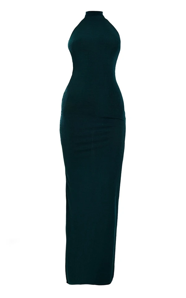 Robe Longue Moulante En Acétate Vert émeraude à Col Montant Et Dos Nu Echancré 5 Robe Longue Moulante En Acétate Vert émeraude à Col Montant Et Dos Nu Echancré – Image 5