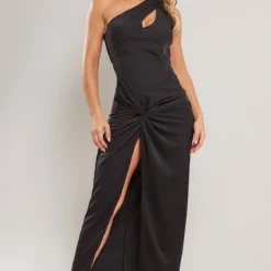 Robe Longue Asymétrique En Mousseline De Soie Noire à Découpe Et Détail Torsadé