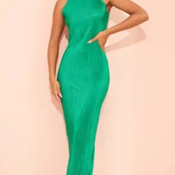 Robe Longue Verte Plissée à Col Montant
