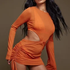 Mini Robe De Plage Rouille Découpée à Manches Cloches