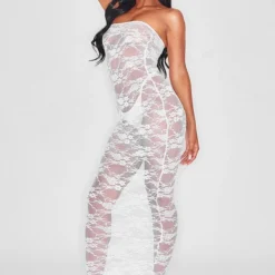 Robe Longue Bustier En Dentelle Fleurie Blanche