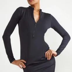 Robe Moulante Noire Sculpt Mat à Zip Et Manches Longues