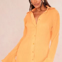Robe Chemise Plissée Mandarine à Manches Flare