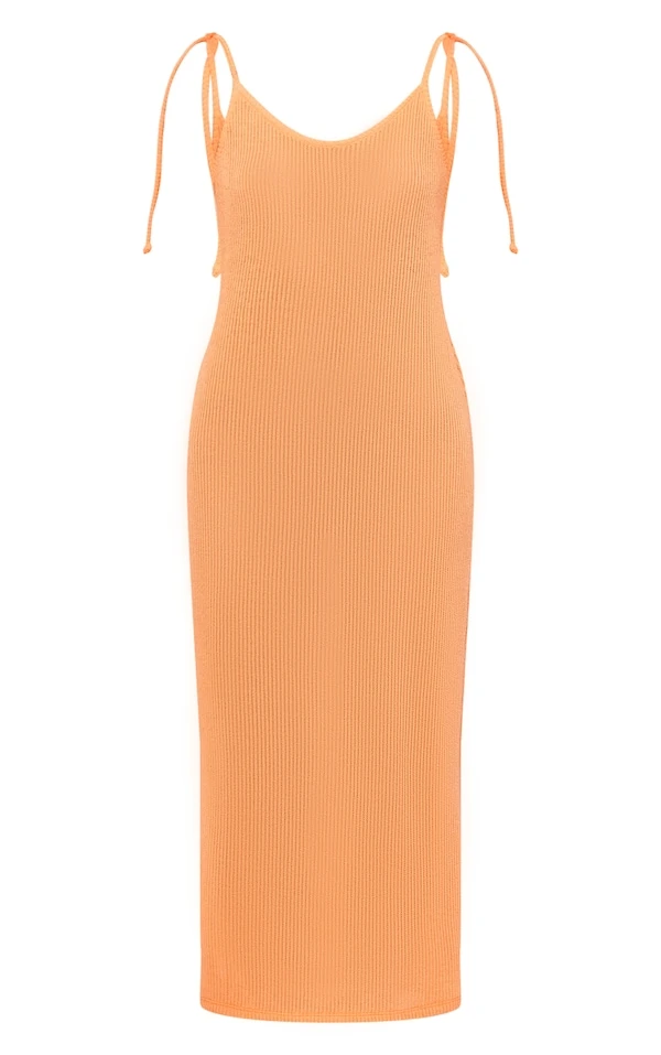 Robe Longue Côtelée Texturée Orange à Bretelles Nouées 5 Robe Longue Côtelée Texturée Orange à Bretelles Nouées – Image 5