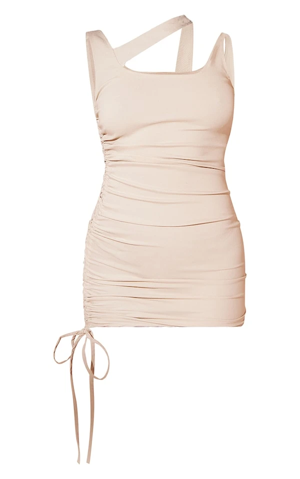 Robe Moulante Stretch Tissée Gris Pierre Froncée à Bretelle Asymétrique 5 Robe Moulante Stretch Tissée Gris Pierre Froncée à Bretelle Asymétrique – Image 5