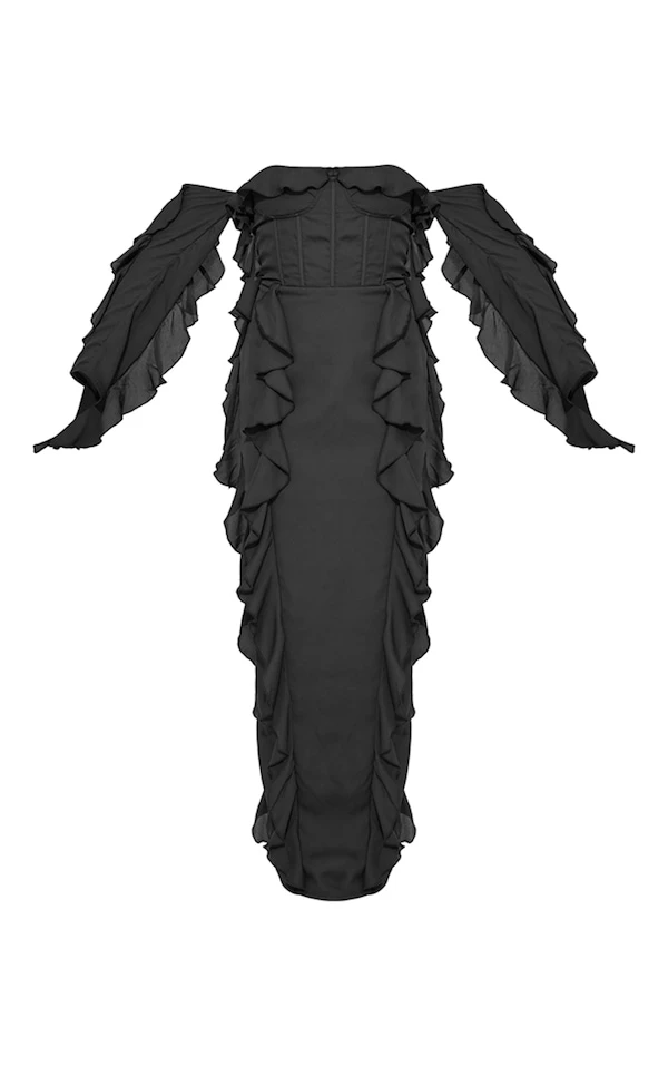 Robe Longue En Mousseline De Soie Noire à Corset Et Manches Longues 5 Robe Longue En Mousseline De Soie Noire à Corset Et Manches Longues – Image 5