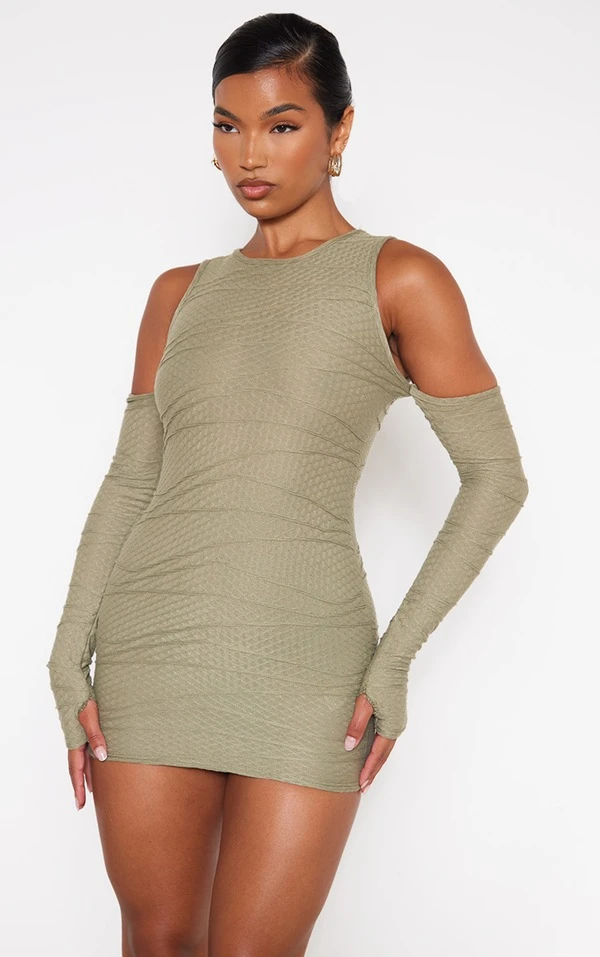 Robe Moulante Texturée Vert Sauge Kaki à épaules Dénudées Détail Manches 3 Robe Moulante Texturée Vert Sauge Kaki à épaules Dénudées Détail Manches – Image 3
