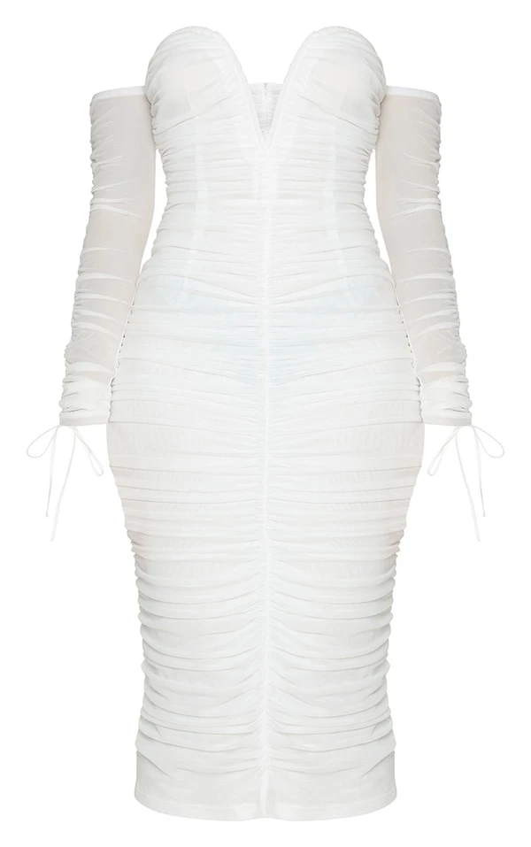 Robe Mi-longue En Mesh Froncé Blanc à Col Bardot Et Barre En V 5 Robe Mi-longue En Mesh Froncé Blanc à Col Bardot Et Barre En V – Image 5