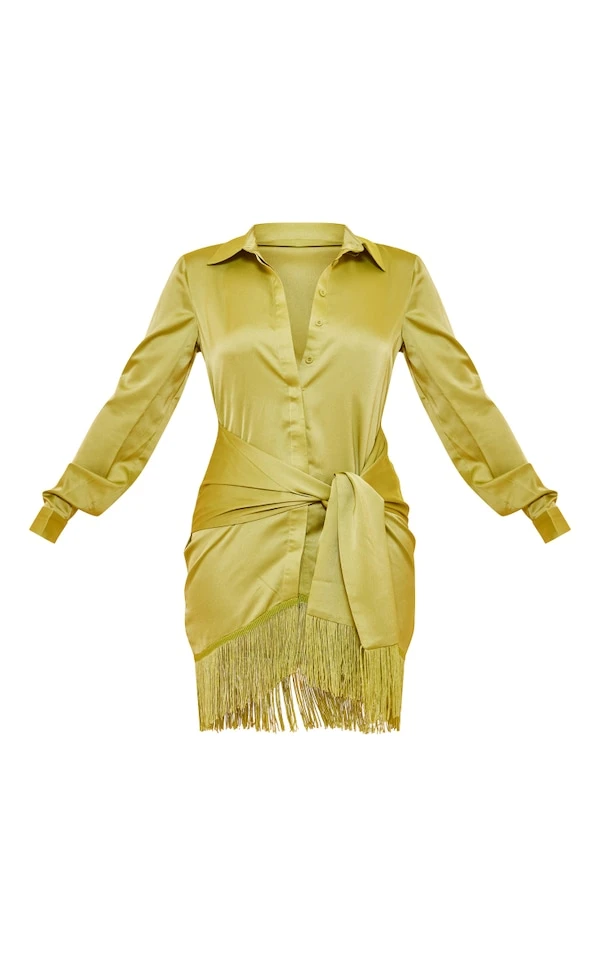 Robe Chemise Satinée Vert Citron à Détail Drapé Et Ourlet Frangé 5 Robe Chemise Satinée Vert Citron à Détail Drapé Et Ourlet Frangé – Image 5