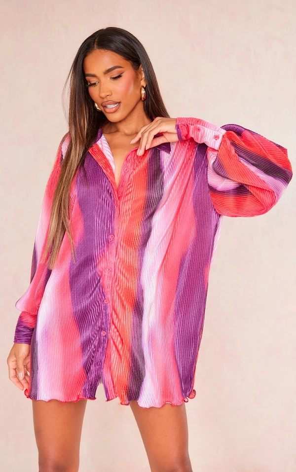 Robe Chemise Plissée Rose à Imprimé Dégradé Et Ourlet Volanté 1 Robe Chemise Plissée Rose à Imprimé Dégradé Et Ourlet Volanté