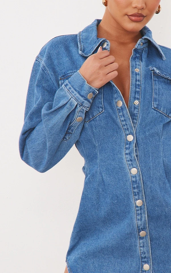 Robe Chemise Cintrée En Jean Moyennement Délavé à Manches Longues 4 Robe Chemise Cintrée En Jean Moyennement Délavé à Manches Longues – Image 4