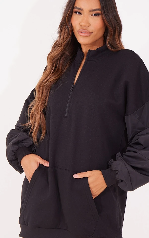 Robe Sweat Noire Oversize à Manches En Nylon Contrastantes 4 Robe Sweat Noire Oversize à Manches En Nylon Contrastantes – Image 4