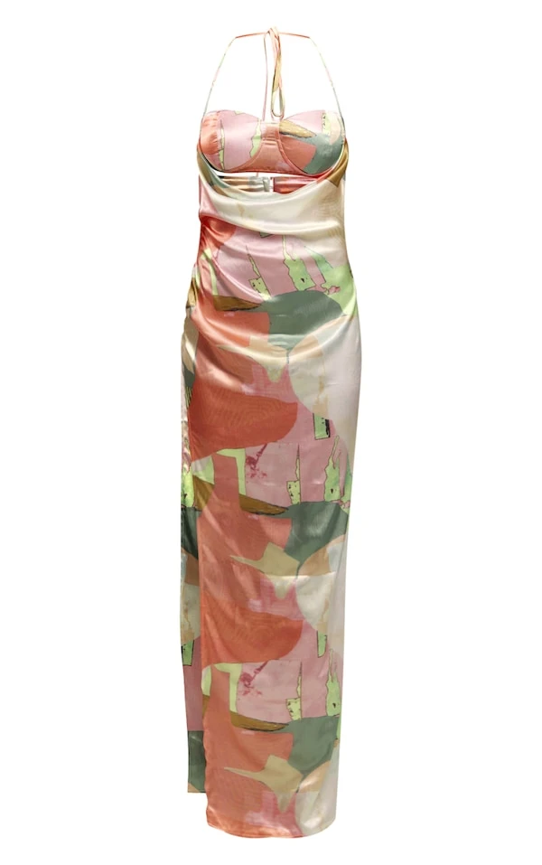 Robe Longue Satinée Drapée Rose Imprimé Abstrait à Découpes 5 Robe Longue Satinée Drapée Rose Imprimé Abstrait à Découpes – Image 5