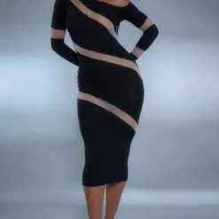 Robe En Maille Tricot Transparente Noire à Parties Contrastantes