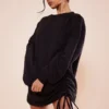 Robe Pull Oversize Noire En Sweat Froncé à Col Ras