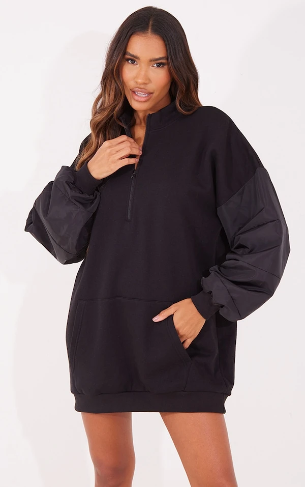 Robe Sweat Noire Oversize à Manches En Nylon Contrastantes 1 Robe Sweat Noire Oversize à Manches En Nylon Contrastantes