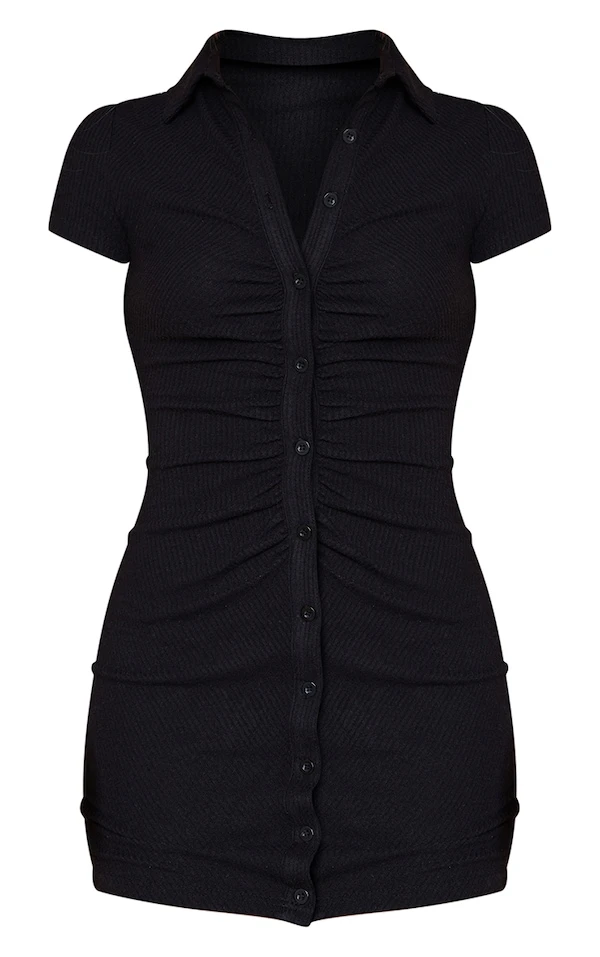 Robe Chemise Côtelée Noire Effet Froncé à Manches Courtes 5 Robe Chemise Côtelée Noire Effet Froncé à Manches Courtes – Image 5