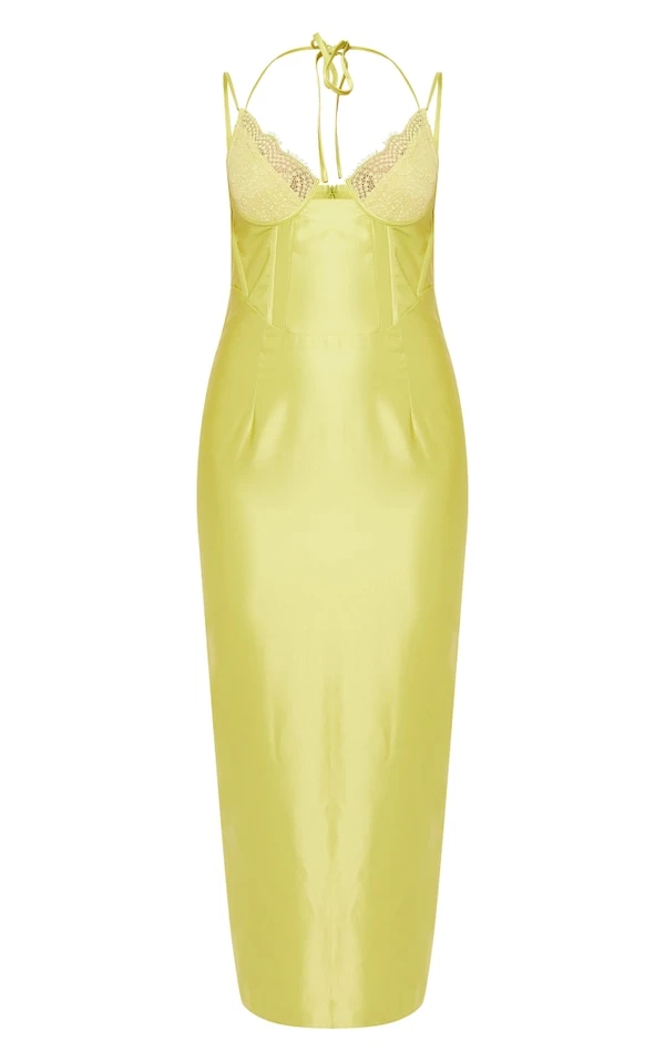 Robe Mi-longue Satinée Vert Citron à Corset Et Dentelle 5 Robe Mi-longue Satinée Vert Citron à Corset Et Dentelle – Image 5