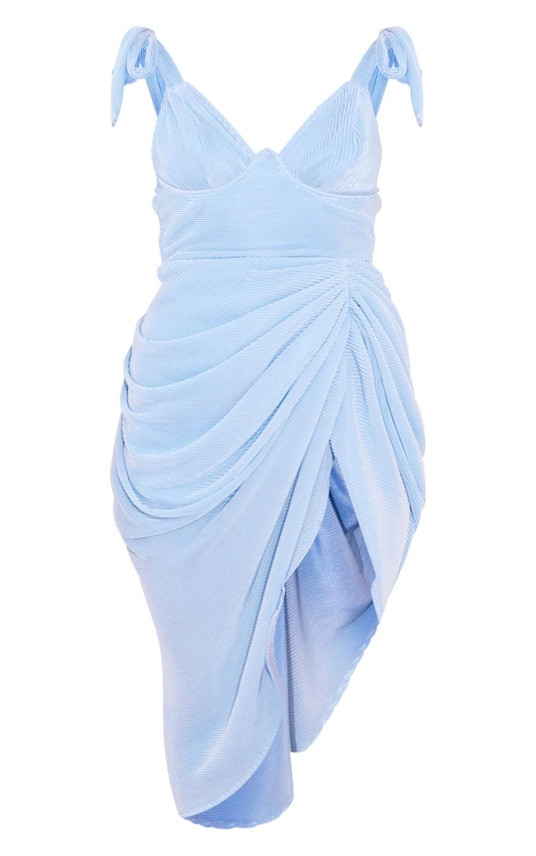 Robe Mi-longue Drapée Plissée Bleu Clair à Armatures 5 Robe Mi-longue Drapée Plissée Bleu Clair à Armatures – Image 5