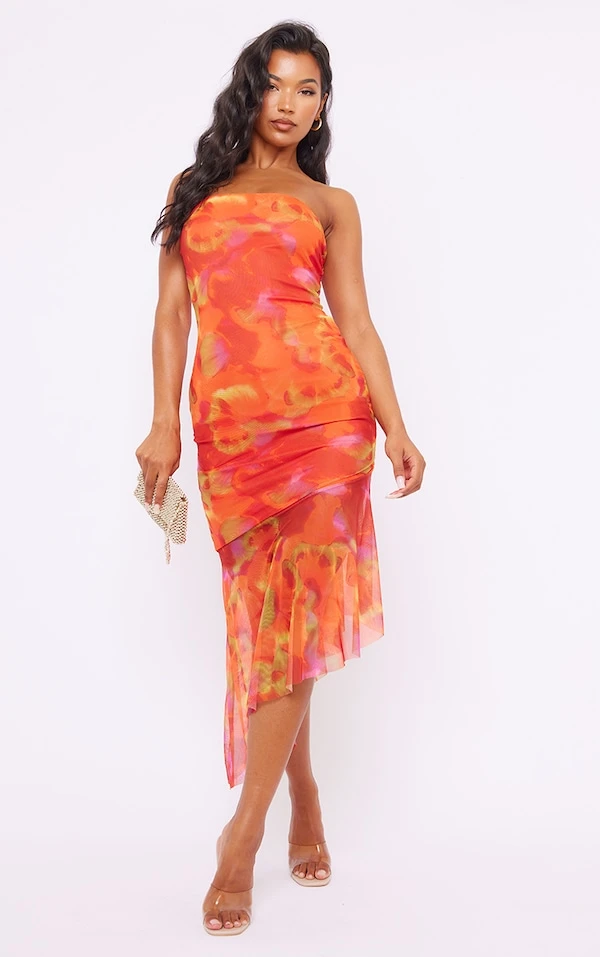 Robe-bustier Asymétrique Mi-longue Orange Imprimé Abstrait à Ourlet Volanté 1 Robe-bustier Asymétrique Mi-longue Orange Imprimé Abstrait à Ourlet Volanté