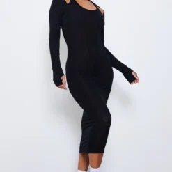 Robe Mi-longue En Jersey Noir Ă Bretelles Et Manches Longues