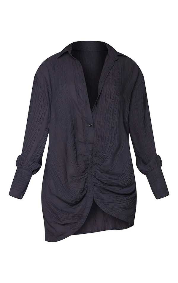 Robe Chemise Noire Froncée Devant Texturée à Manches Longues 5 Robe Chemise Noire Froncée Devant Texturée à Manches Longues – Image 5