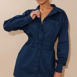 Robe Chemise En Maille Sergée Bleu Marine à Poches Frontales Et Taille élastique