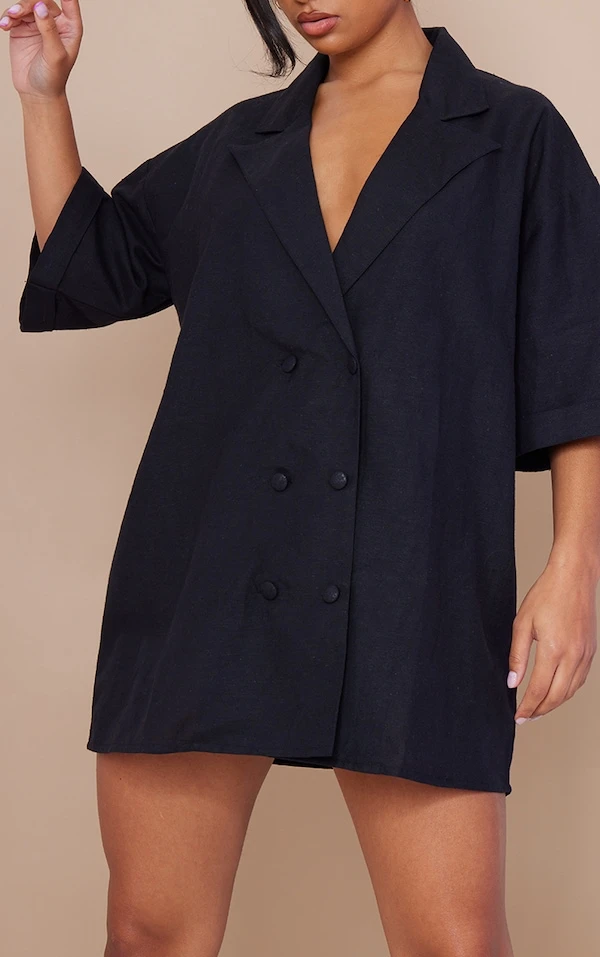 Robe Blazer Noire Effet Lin Oversize à Manches Courtes Et Double Boutonnière 4 Robe Blazer Noire Effet Lin Oversize à Manches Courtes Et Double Boutonnière – Image 4