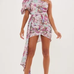 Robe Moulante Asymétrique Rose Fleurie Abstraite Drapée à Manche Bouffante