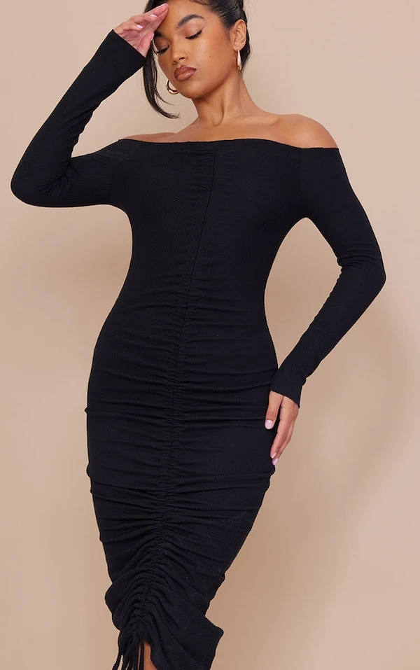 Robe Mi-longue Noire à Col Bardot Et Fronces 4 Robe Mi-longue Noire à Col Bardot Et Fronces – Image 4