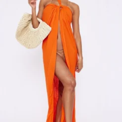 Robe De Plage Fluide Orange Brûlé Effet Lin Asymétrique